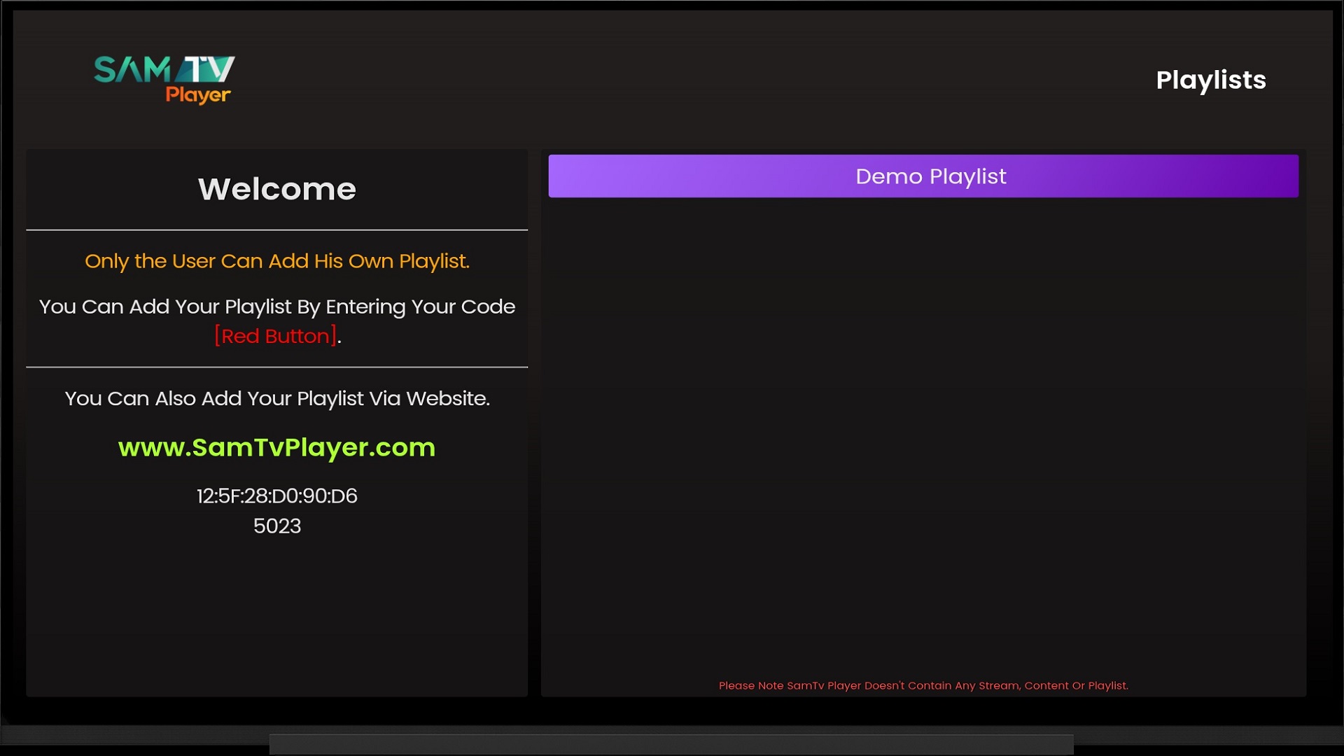 SamTv Player's Playlists screen on a Smart TV, with the device MAC address and activation code printed under the welcome text.