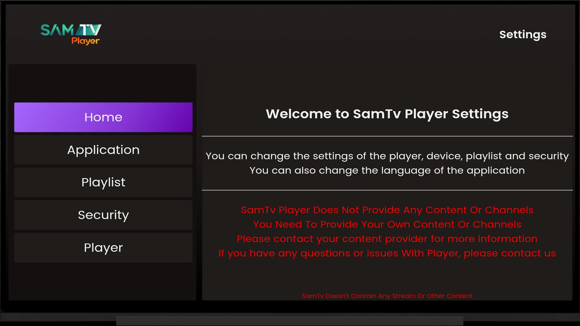 SamTv Player's Settings menu on a Smart TV, listing Home, Application, Playlist, Security and Player.