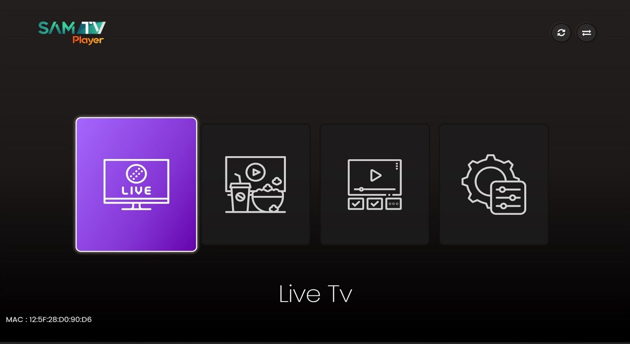 SamTv Player's home screen on a Samsung Smart TV: Live Tv, Movies, Series and Settings, with the device MAC address printed along the bottom edge.
